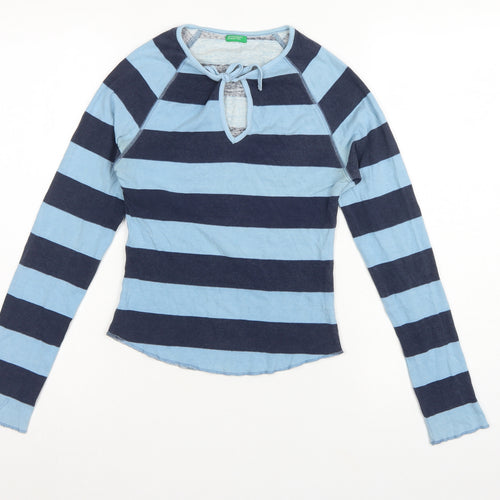 Benetton Women Blue Stripe Tie Keyhole Long Sleeve Jersey Top M