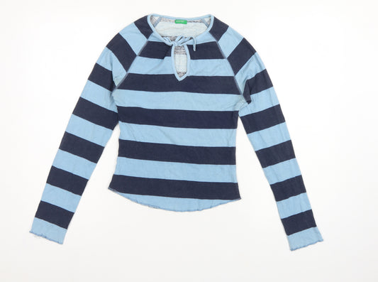 Benetton Women Blue Stripe Tie Keyhole Long Sleeve Jersey Top M