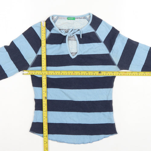 Benetton Women Blue Stripe Tie Keyhole Long Sleeve Jersey Top M