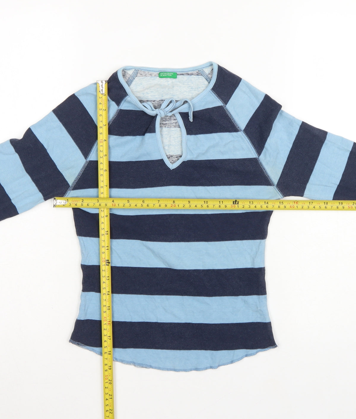 Benetton Women Blue Stripe Tie Keyhole Long Sleeve Jersey Top M