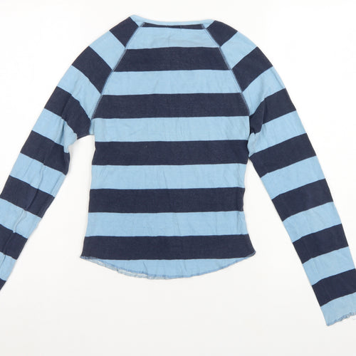Benetton Women Blue Stripe Tie Keyhole Long Sleeve Jersey Top M