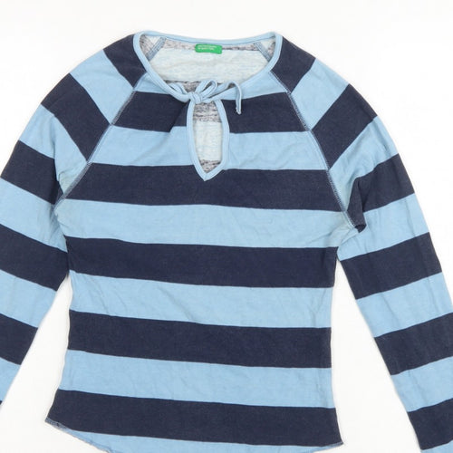 Benetton Women Blue Stripe Tie Keyhole Long Sleeve Jersey Top M