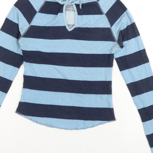 Benetton Women Blue Stripe Tie Keyhole Long Sleeve Jersey Top M