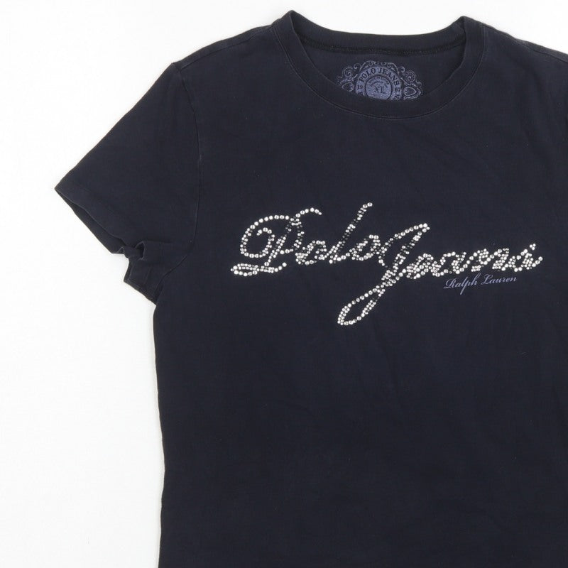 Polo Jeans Ralph Lauren Women Black XL Rhinestone Logo Stretch T-Shirt