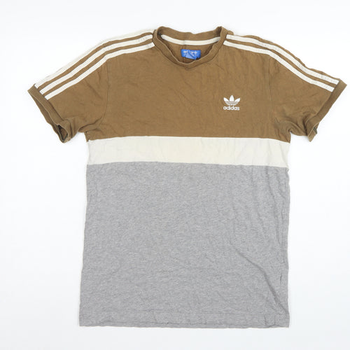 Adidas Men’s Brown Colourblock 3 Stripe Logo Crew Neck T-Shirt UK M