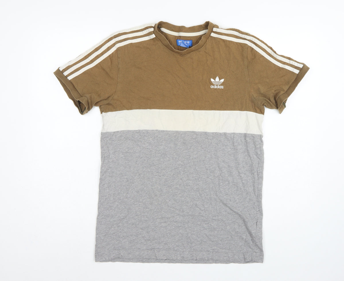 Adidas Men’s Brown Colourblock 3 Stripe Logo Crew Neck T-Shirt UK M