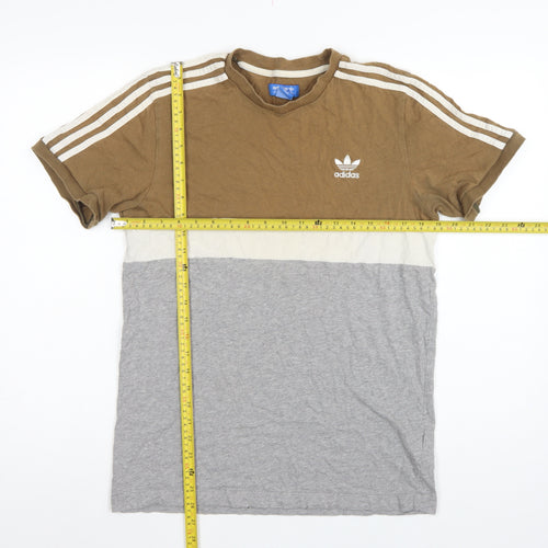 Adidas Men’s Brown Colourblock 3 Stripe Logo Crew Neck T-Shirt UK M