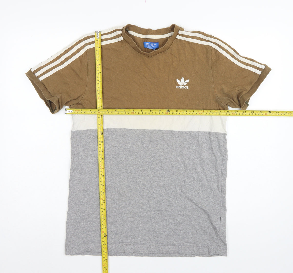 Adidas Men’s Brown Colourblock 3 Stripe Logo Crew Neck T-Shirt UK M