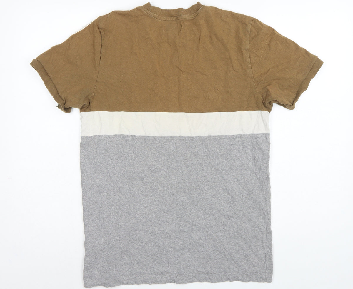 Adidas Men’s Brown Colourblock 3 Stripe Logo Crew Neck T-Shirt UK M