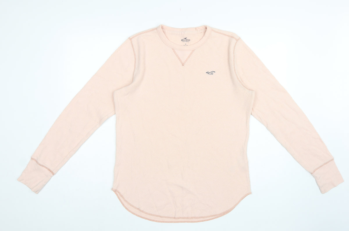 Hollister Men's Pink M Waffle Knit Long Sleeve Crew Neck Logo T-Shirt