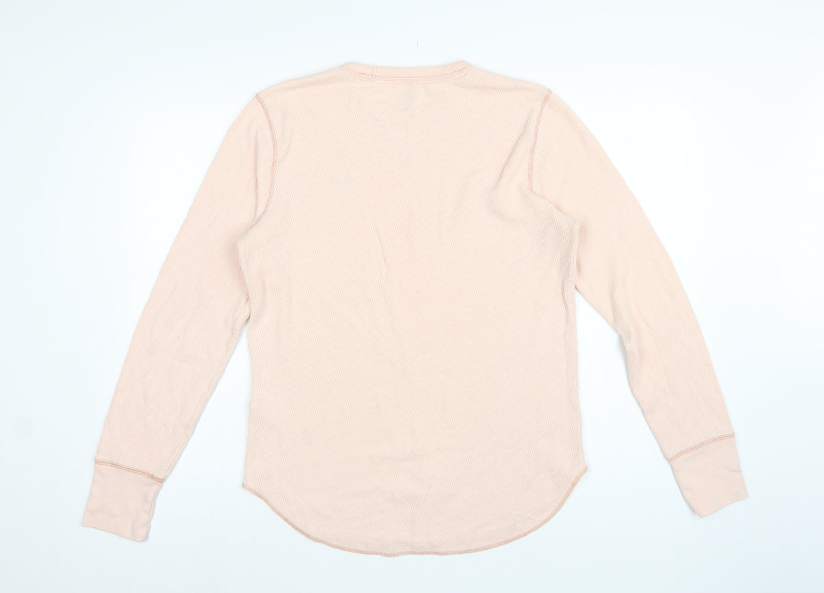 Hollister Men's Pink M Waffle Knit Long Sleeve Crew Neck Logo T-Shirt