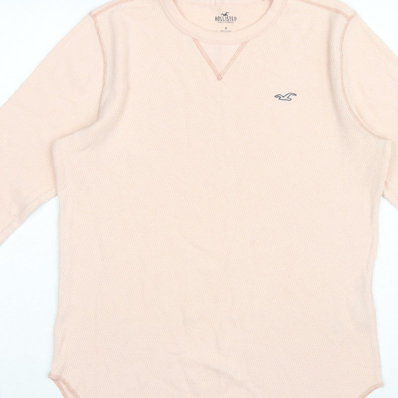 Hollister Men's Pink M Waffle Knit Long Sleeve Crew Neck Logo T-Shirt