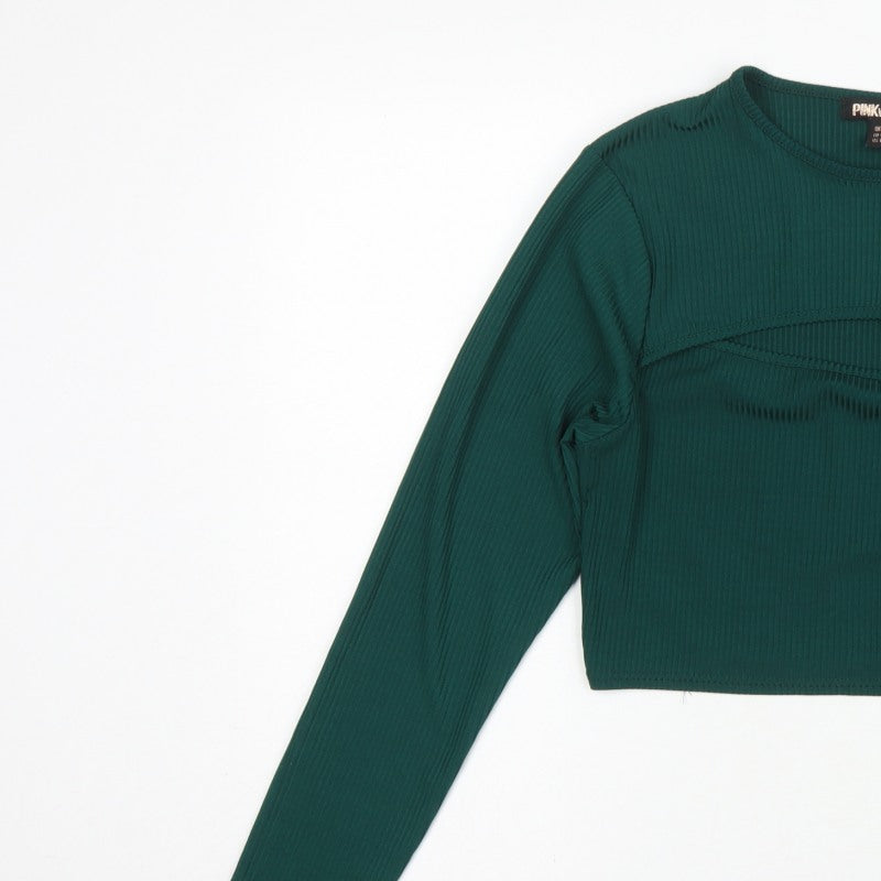 Pink Vanilla Women Green UK 14 Cropped Rib Knit Long Sleeve T-Shirt