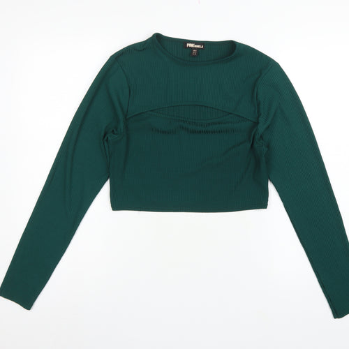 Pink Vanilla Women Green UK 14 Cropped Rib Knit Long Sleeve T-Shirt
