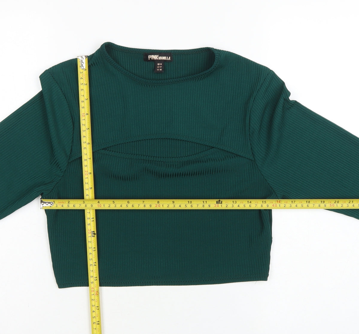 Pink Vanilla Women Green UK 14 Cropped Rib Knit Long Sleeve T-Shirt