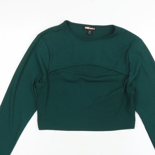 Pink Vanilla Women Green UK 14 Cropped Rib Knit Long Sleeve T-Shirt