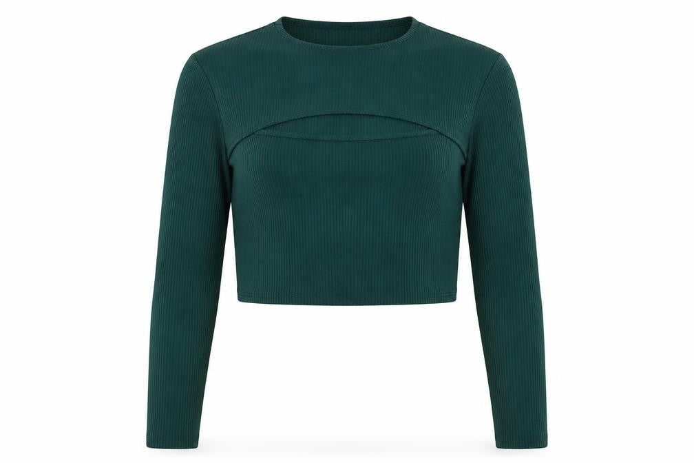 Pink Vanilla Women Green UK 14 Cropped Rib Knit Long Sleeve T-Shirt