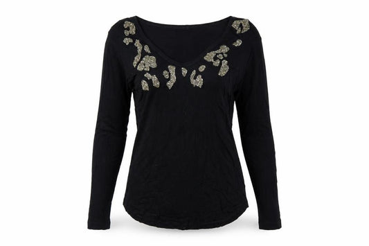 Zara Women Black S Rhinestone Leopard Scoop Neck Long Sleeve T-Shirt