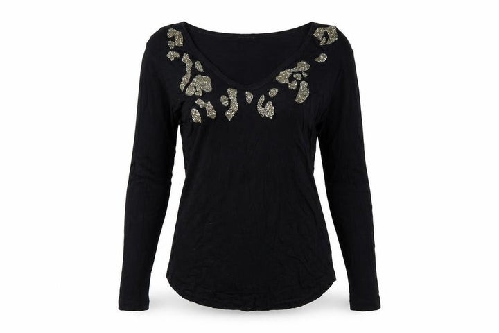 Zara Women Black S Rhinestone Leopard Scoop Neck Long Sleeve T-Shirt