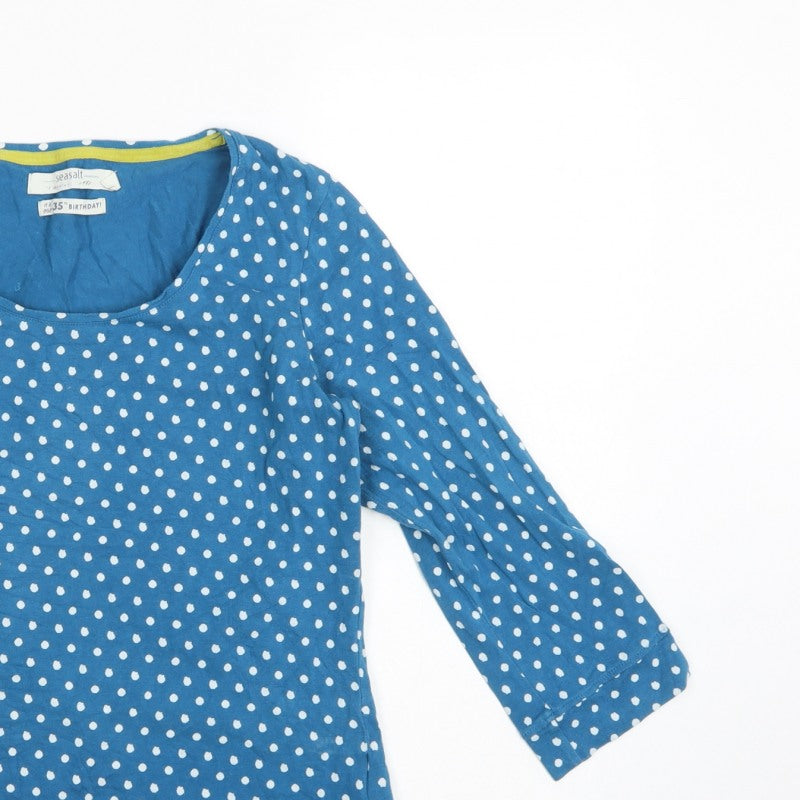 Seasalt Women Blue Polka Dot UK 12 3/4 Bell Sleeve Jersey T-Shirt