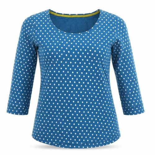 Seasalt Women Blue Polka Dot UK 12 3/4 Bell Sleeve Jersey T-Shirt
