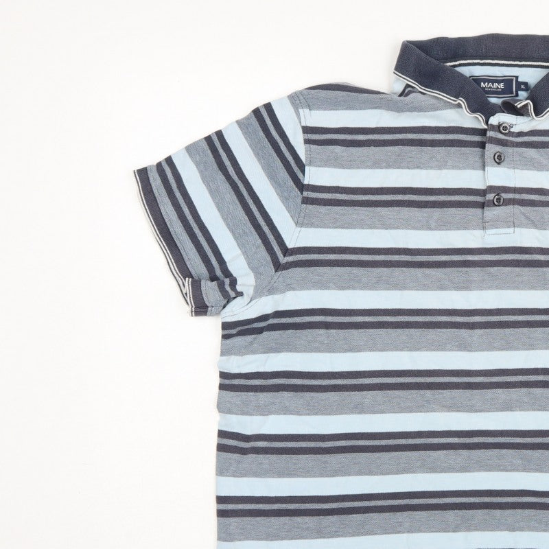 Maine New England Men's Blue Striped Cotton Polo Shirt XL Short Sleeve