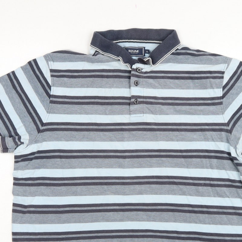 Maine New England Men's Blue Striped Cotton Polo Shirt XL Short Sleeve