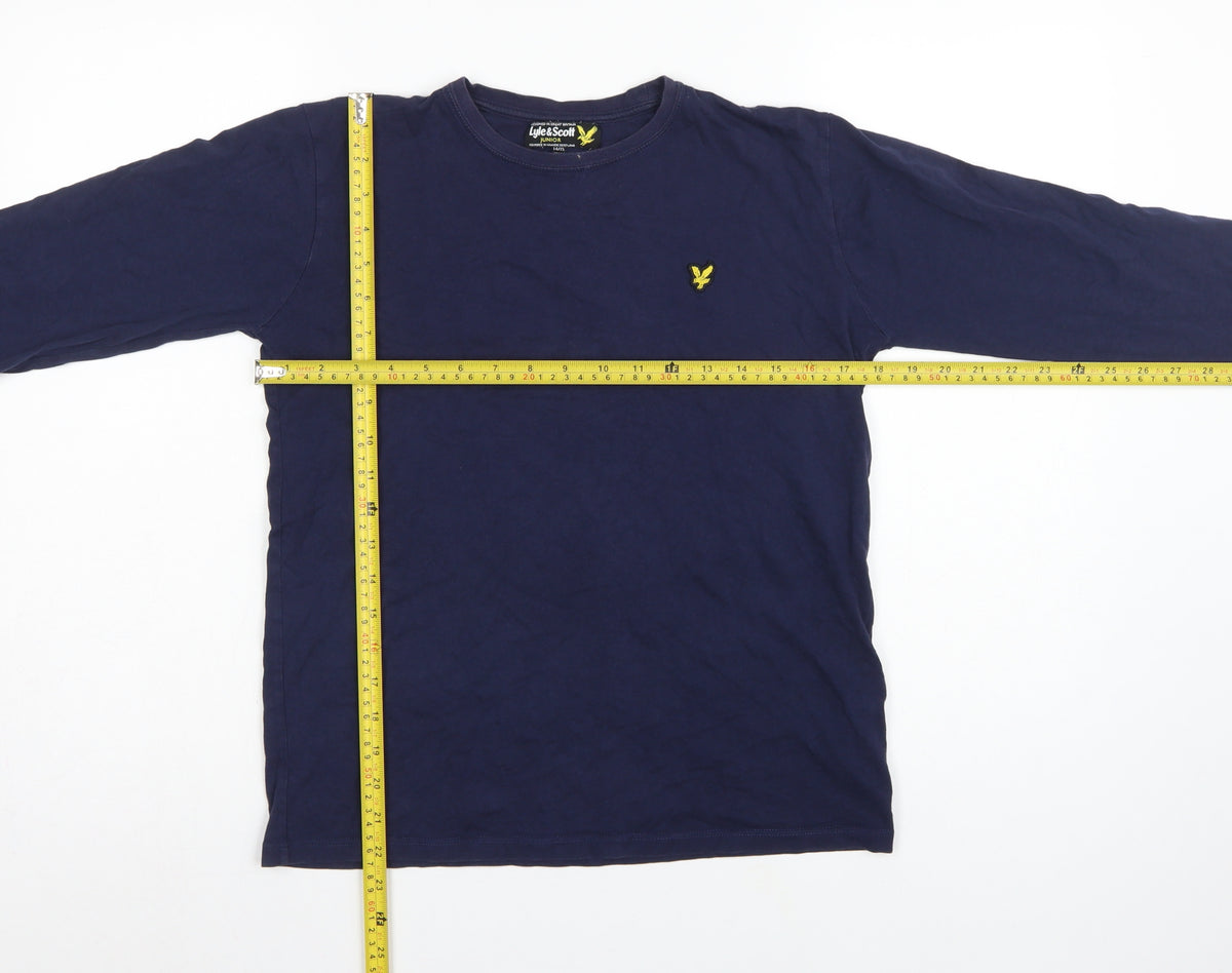 Close-up detail of Lyle & Scott boys’ blue 14-15 years basic long sleeve logo t-shirt