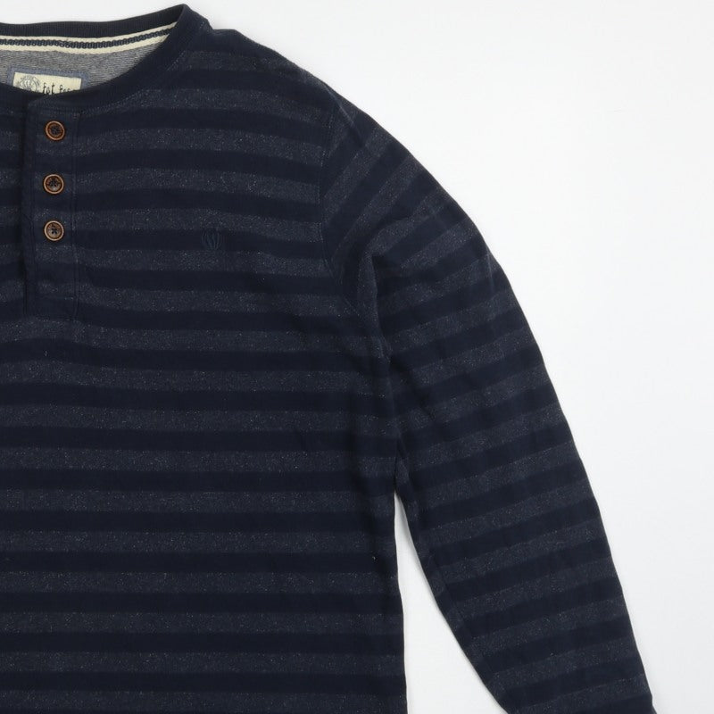 Fat Face Men’s Blue XL Striped Henley Button Cotton Sweatshirt