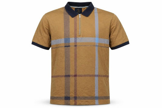 Next Men's Brown XL Check 1/4 Zip Short Sleeve Cotton Polo Shirt