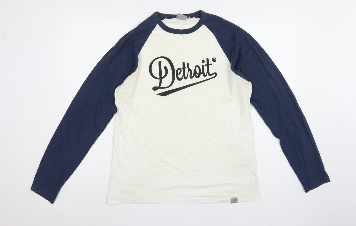 Carhartt Men’s M White Blue Detroit Logo Long Sleeve Raglan T-Shirt