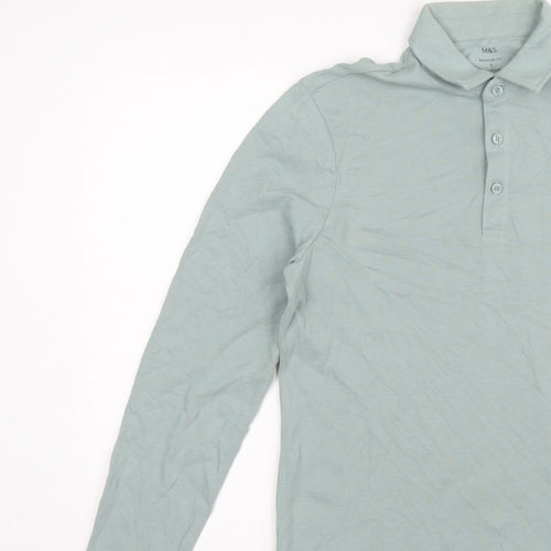 Marks and Spencer Men Green S Regular Fit Long Sleeve Cotton Polo