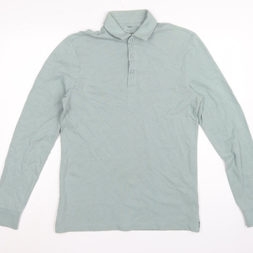 Marks and Spencer Men Green S Regular Fit Long Sleeve Cotton Polo