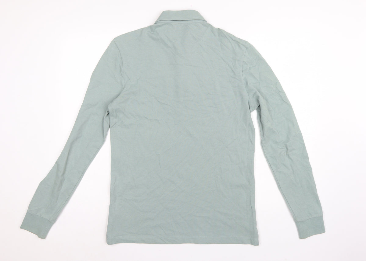 Marks and Spencer Men Green S Regular Fit Long Sleeve Cotton Polo