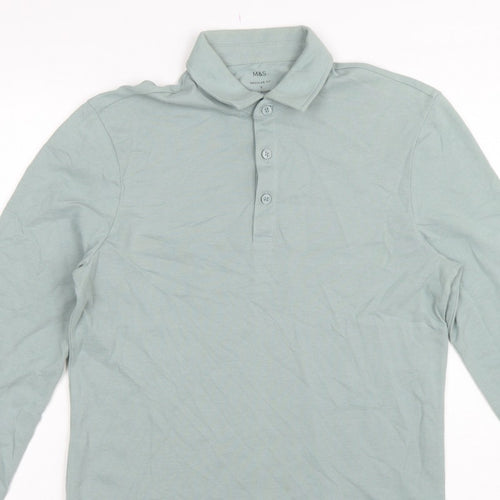 Marks and Spencer Men Green S Regular Fit Long Sleeve Cotton Polo