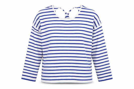 Oliver Bonas Women Blue White Stripe V-Neck Keyhole Back Top UK 16