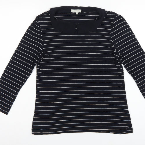 Hobbs Women Black White Striped Long Sleeve Collared Polo Top M