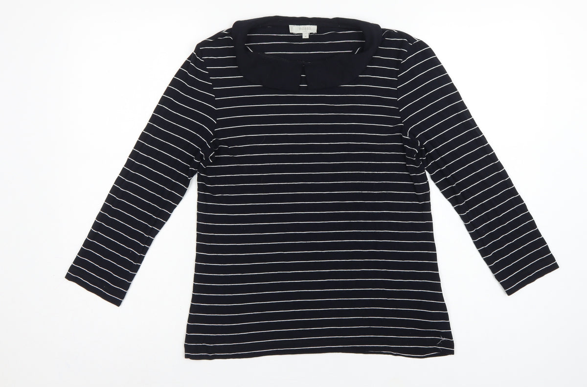 Hobbs Women Black White Striped Long Sleeve Collared Polo Top M