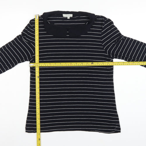 Hobbs Women Black White Striped Long Sleeve Collared Polo Top M
