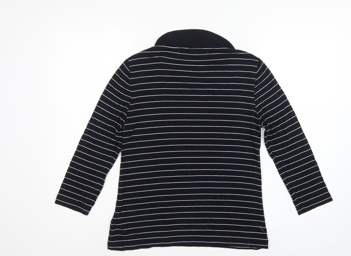 Hobbs Women Black White Striped Long Sleeve Collared Polo Top M