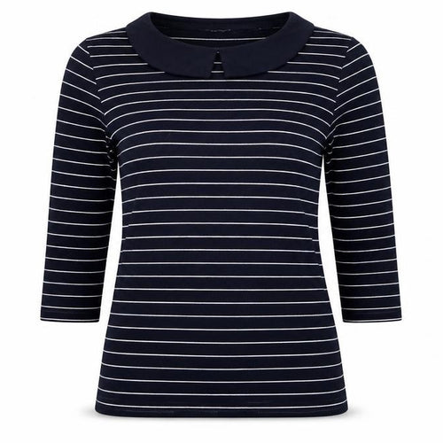 Hobbs Women Black White Striped Long Sleeve Collared Polo Top M