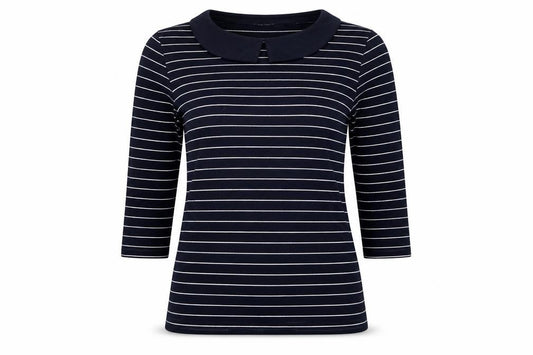Hobbs Women Black White Striped Long Sleeve Collared Polo Top M