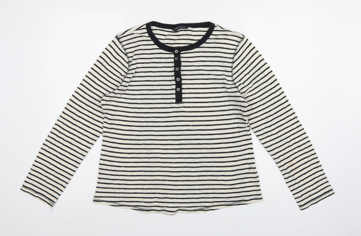 Marks and Spencer Women Multicoloured UK 14 Striped Henley Ringer Top