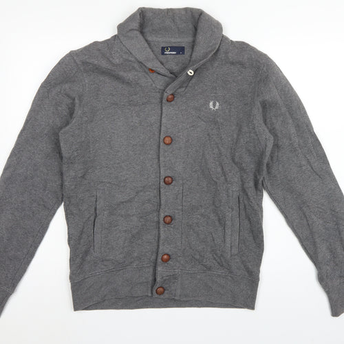 Fred Perry Men’s Grey M Hooded Button Cardigan Sweatshirt Logo