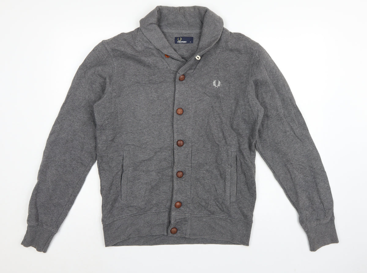 Fred Perry Men’s Grey M Hooded Button Cardigan Sweatshirt Logo