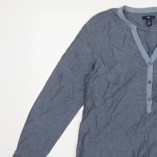 Gap Women Blue Cotton V-Neck Button Long Sleeve Blouse Size M