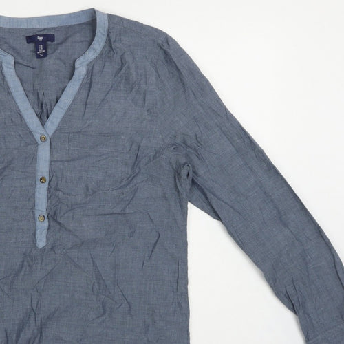 Gap Women Blue Cotton V-Neck Button Long Sleeve Blouse Size M