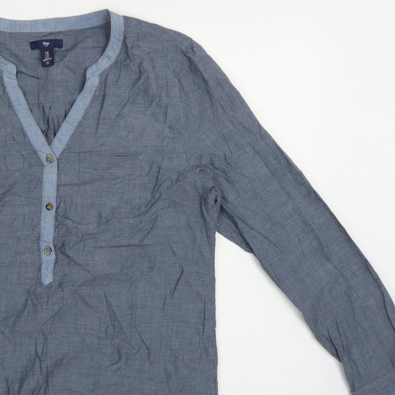 Gap Women Blue Cotton V-Neck Button Long Sleeve Blouse Size M