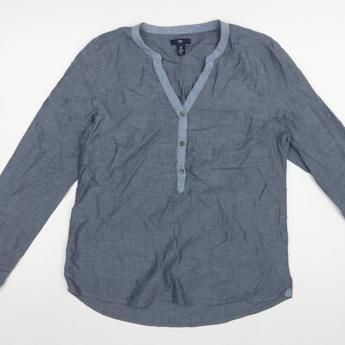 Gap Women Blue Cotton V-Neck Button Long Sleeve Blouse Size M