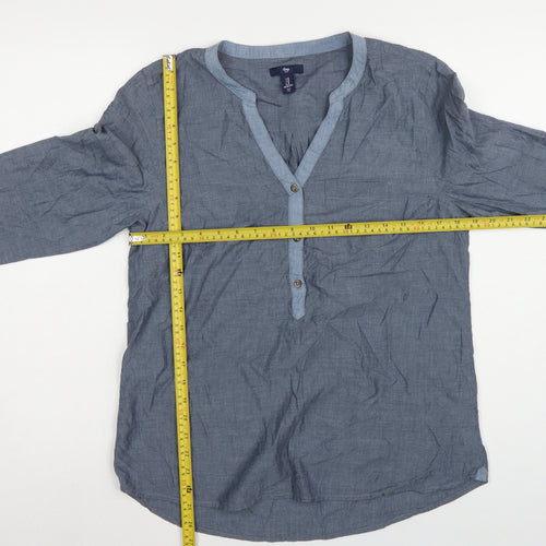 Gap Women Blue Cotton V-Neck Button Long Sleeve Blouse Size M